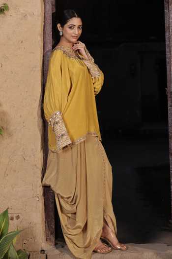 Surkh Syahi Embroidered Kaftan & Dhoti Pant Set