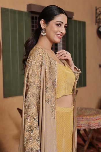 Surkh Syahi_Gold Crepe Round Neck Printed Cape And Polka Dot Palazzo Set _Online_at_Aza_Fashions