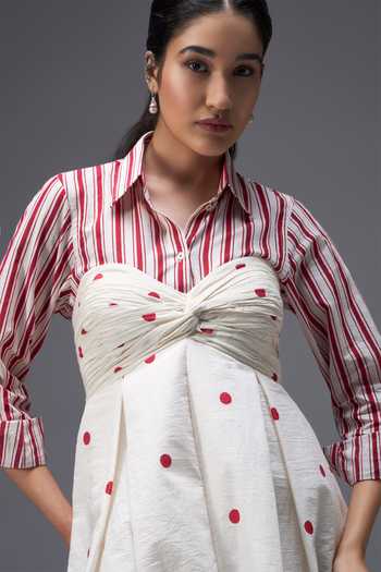 Buy_Aaroh By Dolly_White Pure Cotton Collared Neck, Polka Dot Hand Block Print Dress With Shirt _Online_at_Aza_Fashions