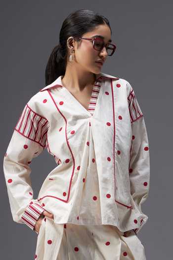 Buy Aaroh By Dolly White Pure Cotton V-, Collared Hand Block Print Top And Pant Set Buy_Aaroh By Dolly_White Pure Cotton V-, Collared Hand Block Print Top And Pant Set