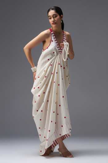 Aaroh By Dolly_White Pure Cotton V-neck Hand Block Print Kaftan _Online_at_Aza_Fashions