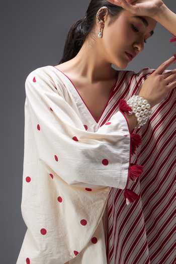 Shop_Aaroh By Dolly_White Pure Cotton V-neck Hand Block Print Kaftan _Online_at_Aza_Fashions