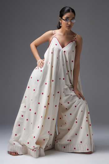 Shop Aaroh By Dolly White Pure Cotton V-neck Polka Dot Hand Block Print Jumpsuit Online at Aza Fashions Shop_Aaroh By Dolly_White Pure Cotton V-neck Polka Dot Hand Block Print Jumpsuit _Online_at_Aza_Fashions