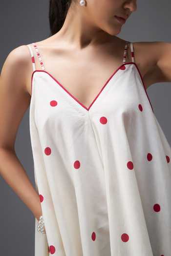 Aaroh By Dolly White Pure Cotton V-neck Polka Dot Hand Block Print Jumpsuit at Aza Fashions Aaroh By Dolly_White Pure Cotton V-neck Polka Dot Hand Block Print Jumpsuit _at_Aza_Fashions