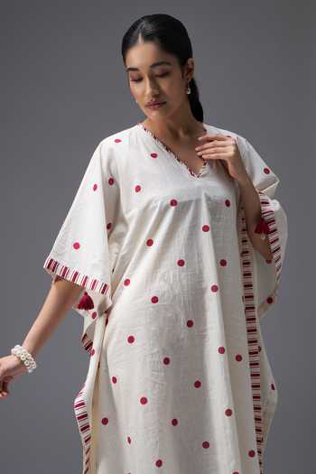 Buy Aaroh By Dolly White Pure Cotton V neck Polka Dot Print Kaftan buy-aaroh-by-dolly-white-pure-cotton-v-neck-polka-dot-print-kaftan