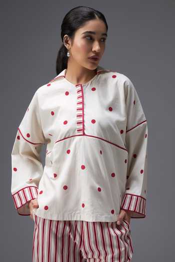 Shop_Aaroh By Dolly_White Pure Cotton Collared Neck Hand Block Print Top And Pant Set _Online_at_Aza_Fashions