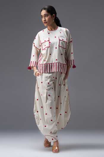 Aaroh By Dolly_White Pure Cotton Round Neck Polka Dot Print Top And Pant Set _Online_at_Aza_Fashions