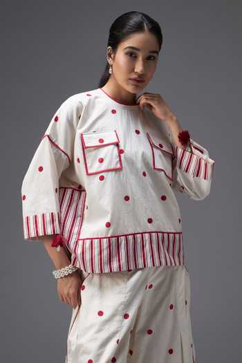Shop_Aaroh By Dolly_White Pure Cotton Round Neck Polka Dot Print Top And Pant Set _Online_at_Aza_Fashions