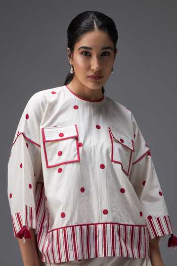 Aaroh By Dolly_White Pure Cotton Round Neck Polka Dot Print Top And Pant Set _at_Aza_Fashions
