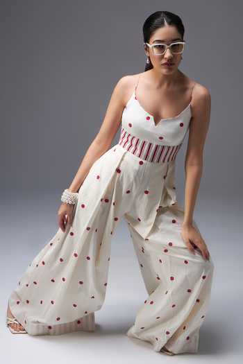 Aaroh By Dolly White Pure Cotton Split V-neck Polka Dot Print Jumpsuit Online at Aza Fashions Aaroh By Dolly_White Pure Cotton Split V-neck Polka Dot Print Jumpsuit _Online_at_Aza_Fashions