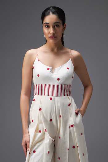 Buy Aaroh By Dolly White Pure Cotton Split V-neck Polka Dot Print Jumpsuit Online at Aza Fashions Buy_Aaroh By Dolly_White Pure Cotton Split V-neck Polka Dot Print Jumpsuit _Online_at_Aza_Fashions