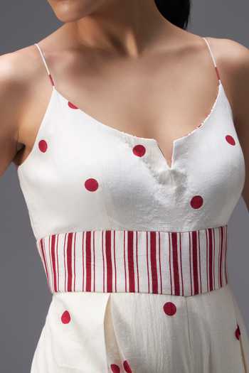 Shop Aaroh By Dolly White Pure Cotton Split V-neck Polka Dot Print Jumpsuit Online at Aza Fashions Shop_Aaroh By Dolly_White Pure Cotton Split V-neck Polka Dot Print Jumpsuit _Online_at_Aza_Fashions