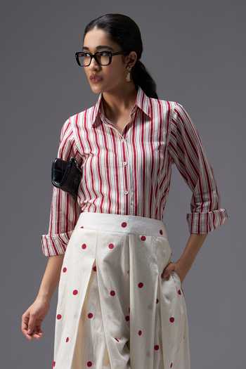Shop Aaroh By Dolly White Pure Cotton Collared Neck Hand Block Print Shirt And Pant Set Online at Aza Fashions Shop_Aaroh By Dolly_White Pure Cotton Collared Neck Hand Block Print Shirt And Pant Set _Online_at_Aza_Fashions