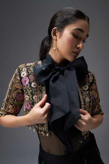 Buy Aaroh By Dolly Black , Organza, Muslin, Dupion Open Regal Reverie Jacket Pant Set Buy_Aaroh By Dolly_Black , Organza, Muslin, Dupion Open Regal Reverie Jacket Pant Set