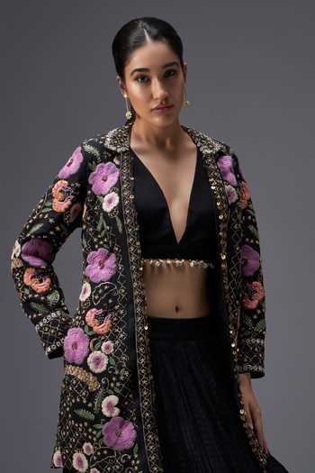 Shop Aaroh By Dolly Black Silk, Muslin V-, Collared Regal Reverie Blazer Lehenga Set Online at Aza Fashions Shop_Aaroh By Dolly_Black Silk, Muslin V-, Collared Regal Reverie Blazer Lehenga Set _Online_at_Aza_Fashions