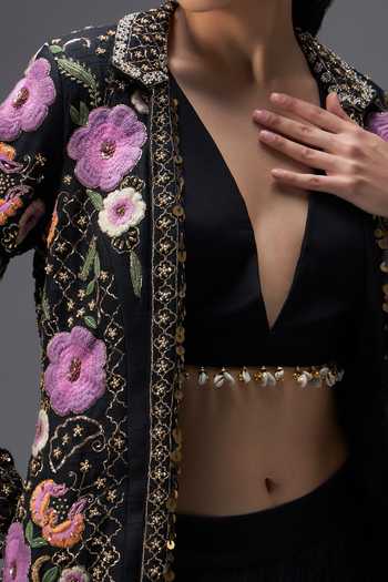 Aaroh By Dolly Black Silk, Muslin V-, Collared Regal Reverie Blazer Lehenga Set at Aza Fashions Aaroh By Dolly_Black Silk, Muslin V-, Collared Regal Reverie Blazer Lehenga Set _at_Aza_Fashions