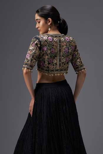 Shop Aaroh By Dolly Black Silk, Muslin Open , Plunge Regal Reverie Jacket Lehenga Set Online at Aza Fashions Shop_Aaroh By Dolly_Black Silk, Muslin Open , Plunge Regal Reverie Jacket Lehenga Set _Online_at_Aza_Fashions