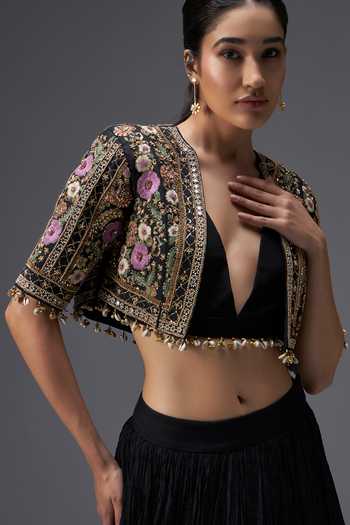 Aaroh By Dolly Black Silk, Muslin Open , Plunge Regal Reverie Jacket Lehenga Set at Aza Fashions Aaroh By Dolly_Black Silk, Muslin Open , Plunge Regal Reverie Jacket Lehenga Set _at_Aza_Fashions