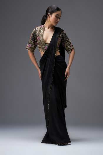 Buy Aaroh By Dolly Black Silk, Dupion V-neck Regal Reverie Draped Saree Set Online at Aza Fashions Buy_Aaroh By Dolly_Black Silk, Dupion V-neck Regal Reverie Draped Saree Set _Online_at_Aza_Fashions