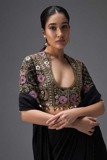 Shop Aaroh By Dolly Black Silk, Dupion V-neck Regal Reverie Draped Saree Set Online at Aza Fashions Shop_Aaroh By Dolly_Black Silk, Dupion V-neck Regal Reverie Draped Saree Set _Online_at_Aza_Fashions