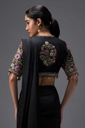 Aaroh By Dolly Black Silk, Dupion V-neck Regal Reverie Draped Saree Set at Aza Fashions Aaroh By Dolly_Black Silk, Dupion V-neck Regal Reverie Draped Saree Set _at_Aza_Fashions