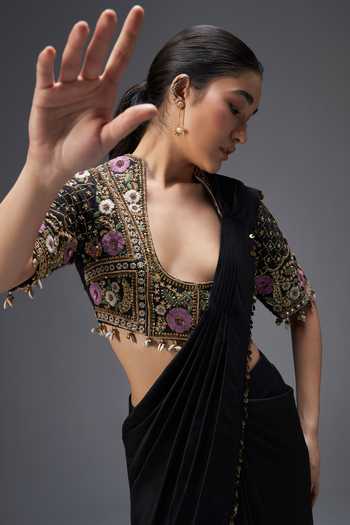 Buy Aaroh By Dolly Black Silk, Dupion V-neck Regal Reverie Draped Saree Set Buy_Aaroh By Dolly_Black Silk, Dupion V-neck Regal Reverie Draped Saree Set