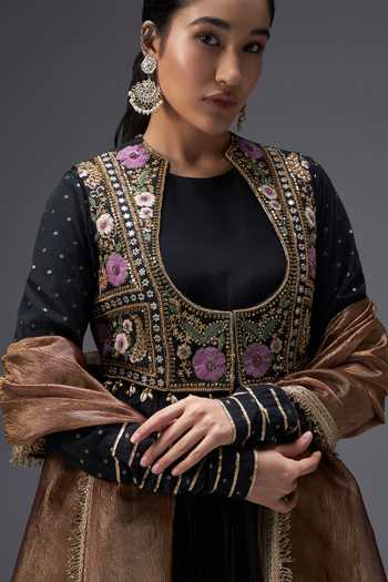 Shop Aaroh By Dolly Black Silk, Muslin, Tissue Round Neck, Scoop Regal Reverie Anarkali Jacket Set Online at Aza Fashions Shop_Aaroh By Dolly_Black Silk, Muslin, Tissue Round Neck, Scoop Regal Reverie Anarkali Jacket Set _Online_at_Aza_Fashions