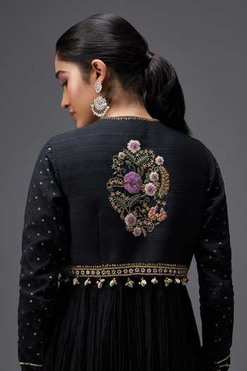 Aaroh By Dolly Black Silk, Muslin, Tissue Round Neck, Scoop Regal Reverie Anarkali Jacket Set at Aza Fashions Aaroh By Dolly_Black Silk, Muslin, Tissue Round Neck, Scoop Regal Reverie Anarkali Jacket Set _at_Aza_Fashions