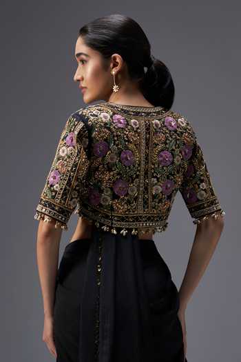 Aaroh By Dolly Black Silk, Muslin, Regal Reverie Draped Saree Set With Embroidered Jacket Online at Aza Fashions Aaroh By Dolly_Black Silk, Muslin, Regal Reverie Draped Saree Set With Embroidered Jacket _Online_at_Aza_Fashions