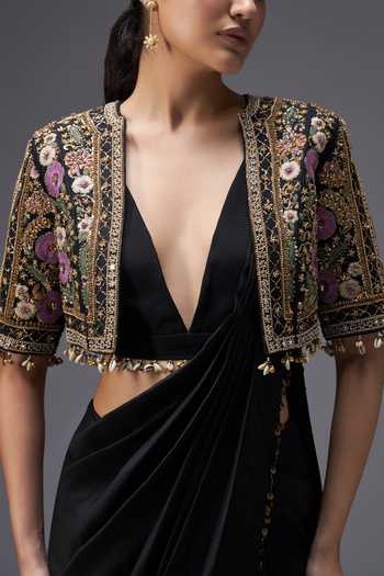 Buy Aaroh By Dolly Black Silk, Muslin, Regal Reverie Draped Saree Set With Embroidered Jacket Online at Aza Fashions Buy_Aaroh By Dolly_Black Silk, Muslin, Regal Reverie Draped Saree Set With Embroidered Jacket _Online_at_Aza_Fashions