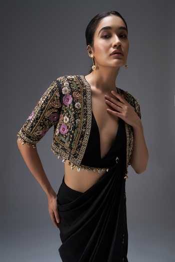 Shop Aaroh By Dolly Black Silk, Muslin, Regal Reverie Draped Saree Set With Embroidered Jacket Online at Aza Fashions Shop_Aaroh By Dolly_Black Silk, Muslin, Regal Reverie Draped Saree Set With Embroidered Jacket _Online_at_Aza_Fashions