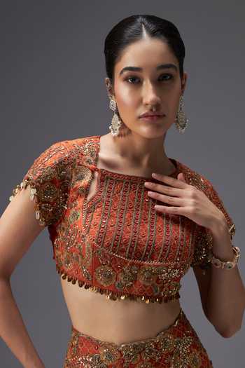 Aaroh By Dolly Orange Silk, Chanderi, Tissue Round Neck Riwaayat Embroidered Lehenga Set at Aza Fashions Aaroh By Dolly_Orange Silk, Chanderi, Tissue Round Neck Riwaayat Embroidered Lehenga Set _at_Aza_Fashions