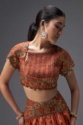 Buy Aaroh By Dolly Orange Silk, Chanderi, Tissue Round Neck Riwaayat Embroidered Lehenga Set Buy_Aaroh By Dolly_Orange Silk, Chanderi, Tissue Round Neck Riwaayat Embroidered Lehenga Set