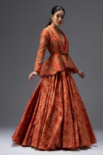 Aaroh By Dolly Orange Silk, Chanderi, Muslin Riwaayat Embroidered Peplum Jacket Lehenga Set Online at Aza Fashions Aaroh By Dolly_Orange Silk, Chanderi, Muslin Riwaayat Embroidered Peplum Jacket Lehenga Set _Online_at_Aza_Fashions