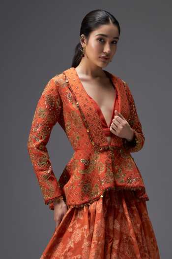 Shop Aaroh By Dolly Orange Silk, Chanderi, Muslin Riwaayat Embroidered Peplum Jacket Lehenga Set Online at Aza Fashions Shop_Aaroh By Dolly_Orange Silk, Chanderi, Muslin Riwaayat Embroidered Peplum Jacket Lehenga Set _Online_at_Aza_Fashions