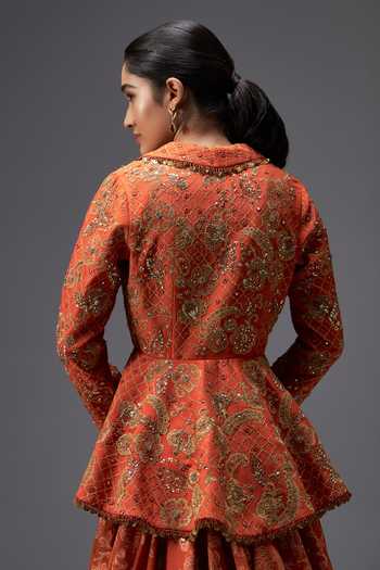Aaroh By Dolly Orange Silk, Chanderi, Muslin Riwaayat Embroidered Peplum Jacket Lehenga Set at Aza Fashions Aaroh By Dolly_Orange Silk, Chanderi, Muslin Riwaayat Embroidered Peplum Jacket Lehenga Set _at_Aza_Fashions