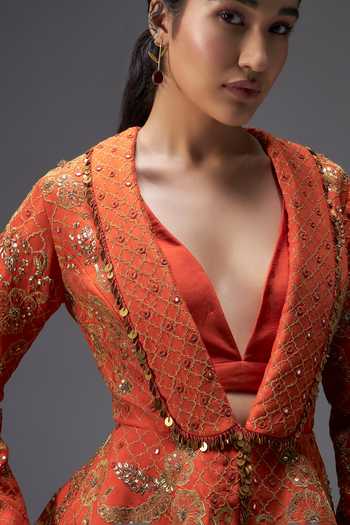Buy Aaroh By Dolly Orange Silk, Chanderi, Muslin Riwaayat Embroidered Peplum Jacket Lehenga Set Buy_Aaroh By Dolly_Orange Silk, Chanderi, Muslin Riwaayat Embroidered Peplum Jacket Lehenga Set