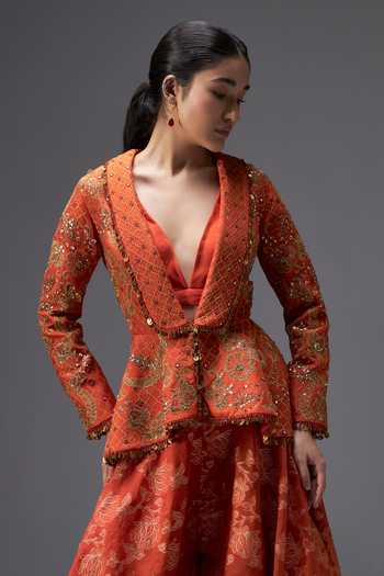 Shop Aaroh By Dolly Orange Silk, Muslin, Chanderi Riwaayat Embroidered Peplum Jacket Sharara Set Online at Aza Fashions Shop_Aaroh By Dolly_Orange Silk, Muslin, Chanderi Riwaayat Embroidered Peplum Jacket Sharara Set _Online_at_Aza_Fashions
