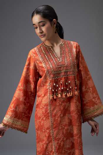 Buy Aaroh By Dolly Orange Silk, Chanderi Split V-neck Riwaayat Yoke Embroidered Kaftan Online at Aza Fashions Buy_Aaroh By Dolly_Orange Silk, Chanderi Split V-neck Riwaayat Yoke Embroidered Kaftan _Online_at_Aza_Fashions
