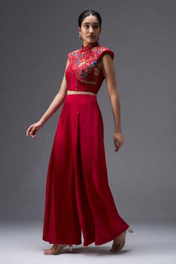 Aaroh By Dolly Red Silk, Dupion Mandarin Collar Ratan Mahal Embroidered Top And Pant Set Online at Aza Fashions Aaroh By Dolly_Red Silk, Dupion Mandarin Collar Ratan Mahal Embroidered Top And Pant Set _Online_at_Aza_Fashions