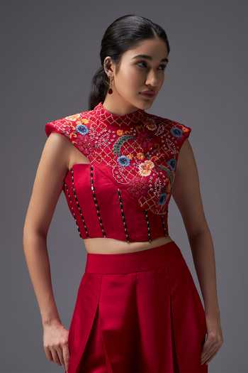 Buy Aaroh By Dolly Red Silk, Dupion Mandarin Collar Ratan Mahal Embroidered Top And Pant Set Online at Aza Fashions Buy_Aaroh By Dolly_Red Silk, Dupion Mandarin Collar Ratan Mahal Embroidered Top And Pant Set _Online_at_Aza_Fashions
