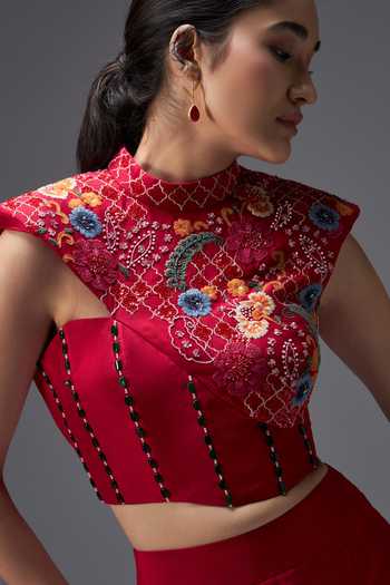 Shop Aaroh By Dolly Red Silk, Dupion Mandarin Collar Ratan Mahal Embroidered Top And Pant Set Online at Aza Fashions Shop_Aaroh By Dolly_Red Silk, Dupion Mandarin Collar Ratan Mahal Embroidered Top And Pant Set _Online_at_Aza_Fashions