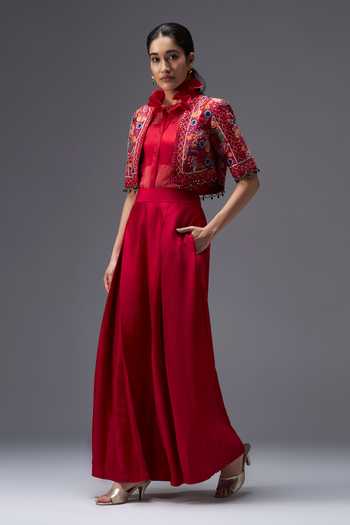 Aaroh By Dolly Red , Organza, Muslin Open Ratan Mahal Embroidered Short Jacket Set Online at Aza Fashions Aaroh By Dolly_Red , Organza, Muslin Open Ratan Mahal Embroidered Short Jacket Set _Online_at_Aza_Fashions