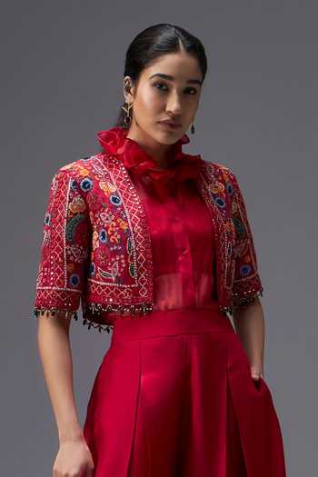 Buy Aaroh By Dolly Red , Organza, Muslin Open Ratan Mahal Embroidered Short Jacket Set Online at Aza Fashions Buy_Aaroh By Dolly_Red , Organza, Muslin Open Ratan Mahal Embroidered Short Jacket Set _Online_at_Aza_Fashions