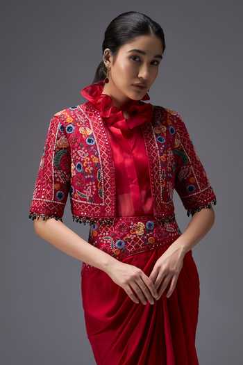 Aaroh By Dolly_Red , Organza, Muslin, Ratan Mahal Embroidered Jacket And Skirt Set _Online_at_Aza_Fashions