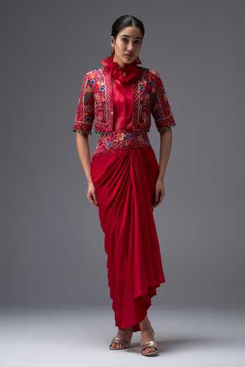Buy_Aaroh By Dolly_Red , Organza, Muslin, Ratan Mahal Embroidered Jacket And Skirt Set _Online_at_Aza_Fashions