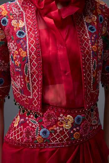 Shop_Aaroh By Dolly_Red , Organza, Muslin, Ratan Mahal Embroidered Jacket And Skirt Set _Online_at_Aza_Fashions