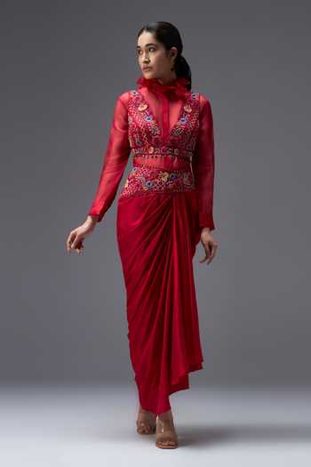 Aaroh By Dolly_Red , Dupion, Organza Ratan Mahal Embroidered Shirt Draped Skirt Set _Online_at_Aza_Fashions