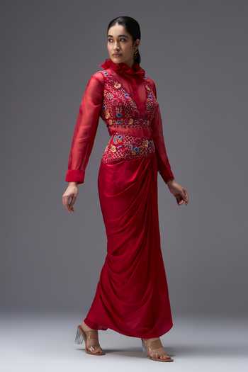 Buy_Aaroh By Dolly_Red , Dupion, Organza Ratan Mahal Embroidered Shirt Draped Skirt Set _Online_at_Aza_Fashions