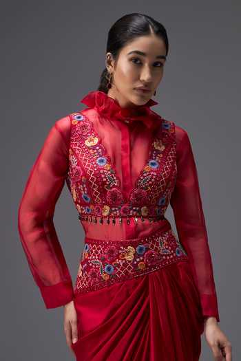 Buy_Aaroh By Dolly_Red , Dupion, Organza Ratan Mahal Embroidered Shirt Draped Skirt Set 